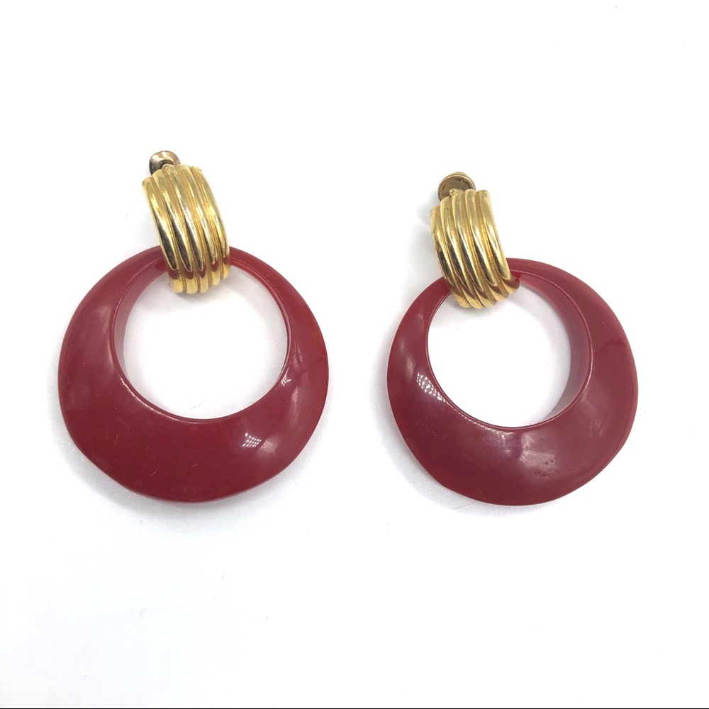 Vintage Big Red Lucite Door Knocker Earrings Hoops  Gold